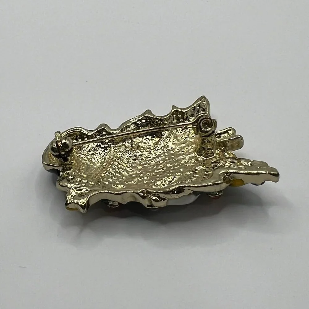 Vintage Snowman Brooch White Green Enamel and Crystal‎ Accent Pin